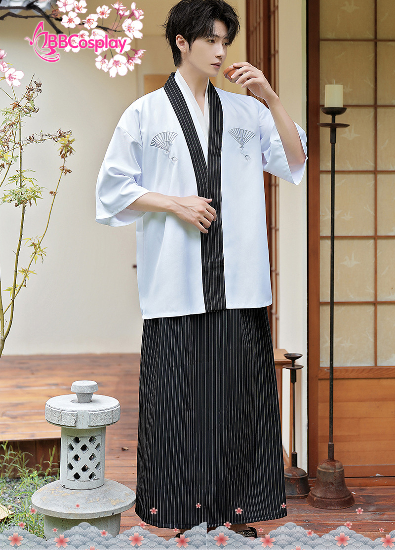 Samurai Kimono Nam Trắng Viền Đen