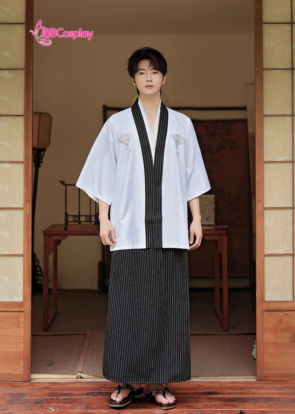 Samurai Kimono Nam Trắng Viền Đen