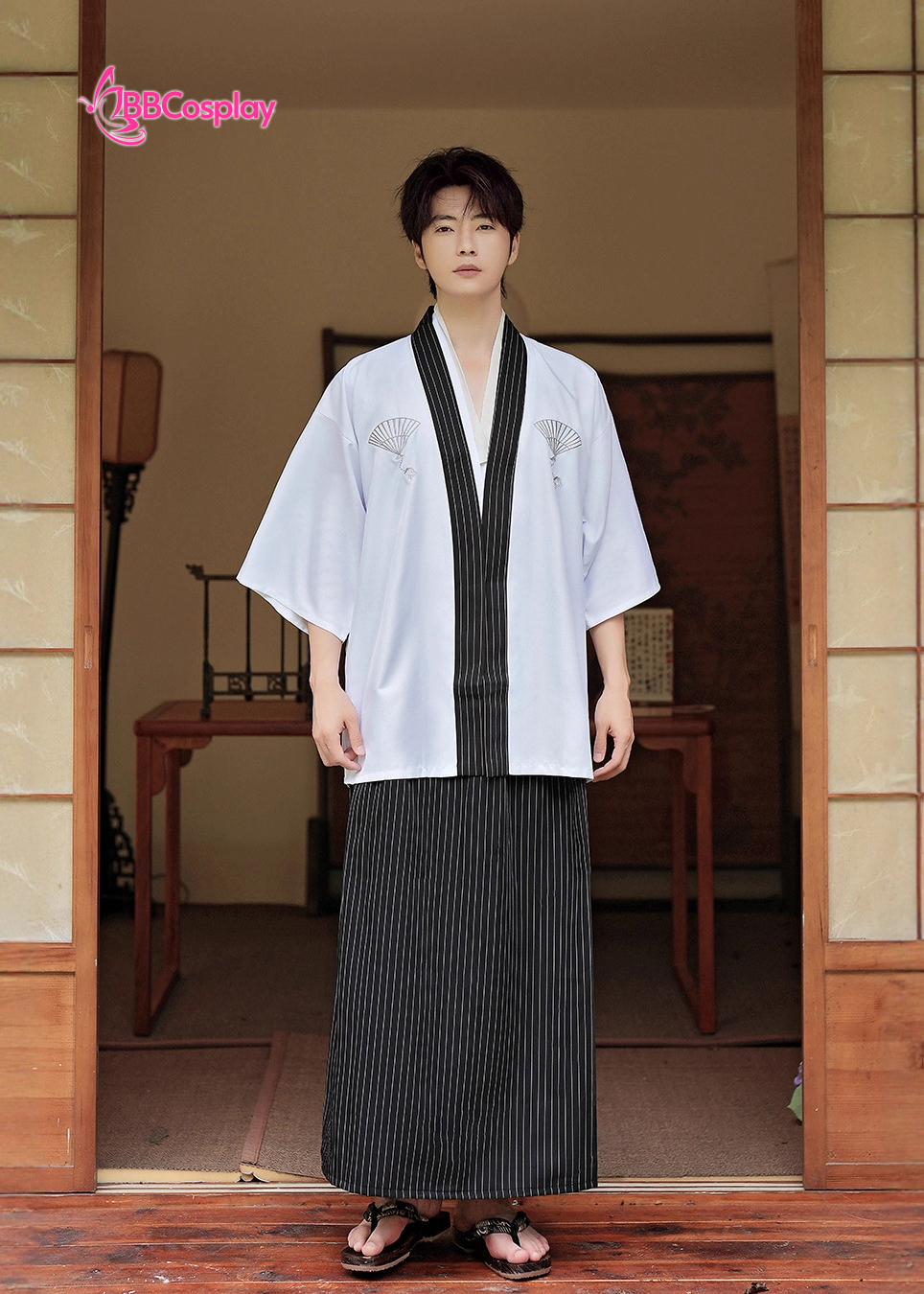 Samurai Kimono Nam Trắng Viền Đen