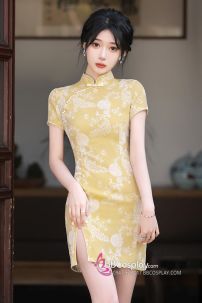 Sườn Xám Khổng Tước Nền Vàng Lime