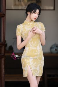 Sườn Xám Khổng Tước Nền Vàng Lime