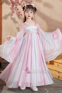 Đồ Hằng Nga Bé Gái Thêu Hoa Váy Chuyển Màu Tay Xòe - Hương Liên