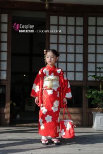 Kimono Bé Gái Đỏ Hoa Đào (HÀNG ORDER)