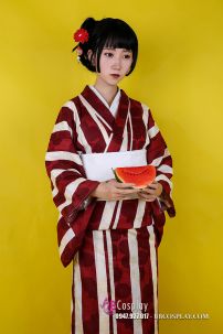 Yukata Fuji Shiro Đỏ Đô Phối Sọc Trắng