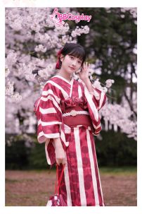 Yukata Kohaku Đỏ Sọc Trắng Vân Chìm Hoa Bách Hợp