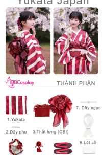 Yukata Kohaku Đỏ Sọc Trắng Vân Chìm Hoa Bách Hợp