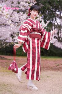 Yukata Kohaku Đỏ Sọc Trắng Vân Chìm Hoa Bách Hợp