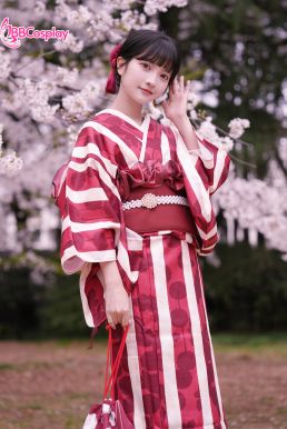 Yukata Kohaku Đỏ Sọc Trắng Vân Chìm Hoa Bách Hợp