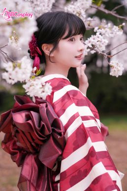 Yukata Kohaku Đỏ Sọc Trắng Vân Chìm Hoa Bách Hợp