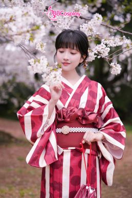 Yukata Kohaku Đỏ Sọc Trắng Vân Chìm Hoa Bách Hợp