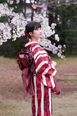 Yukata Kohaku Đỏ Sọc Trắng Vân Chìm Hoa Bách Hợp