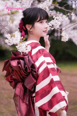 Yukata Kohaku Đỏ Sọc Trắng Vân Chìm Hoa Bách Hợp