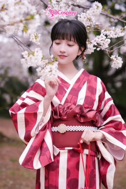 Yukata Kohaku Đỏ Sọc Trắng Vân Chìm Hoa Bách Hợp