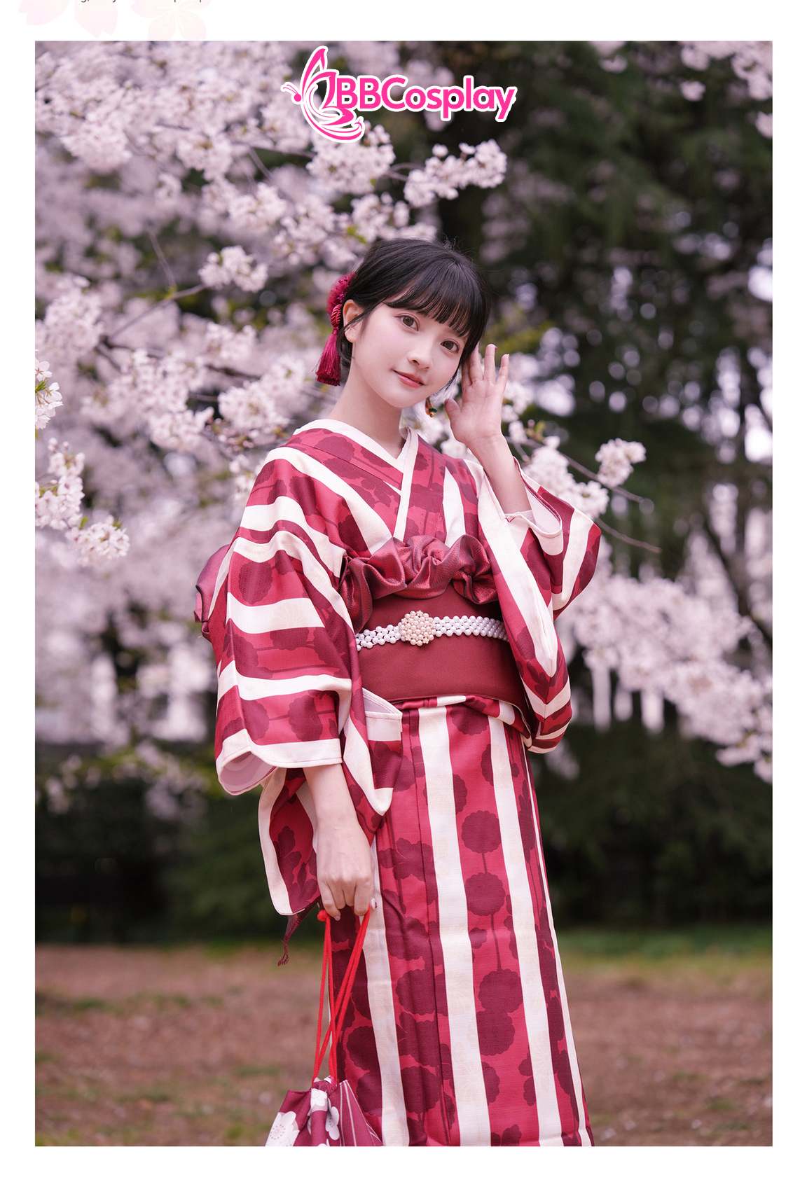 Yukata Kohaku Đỏ Sọc Trắng Vân Chìm Hoa Bách Hợp