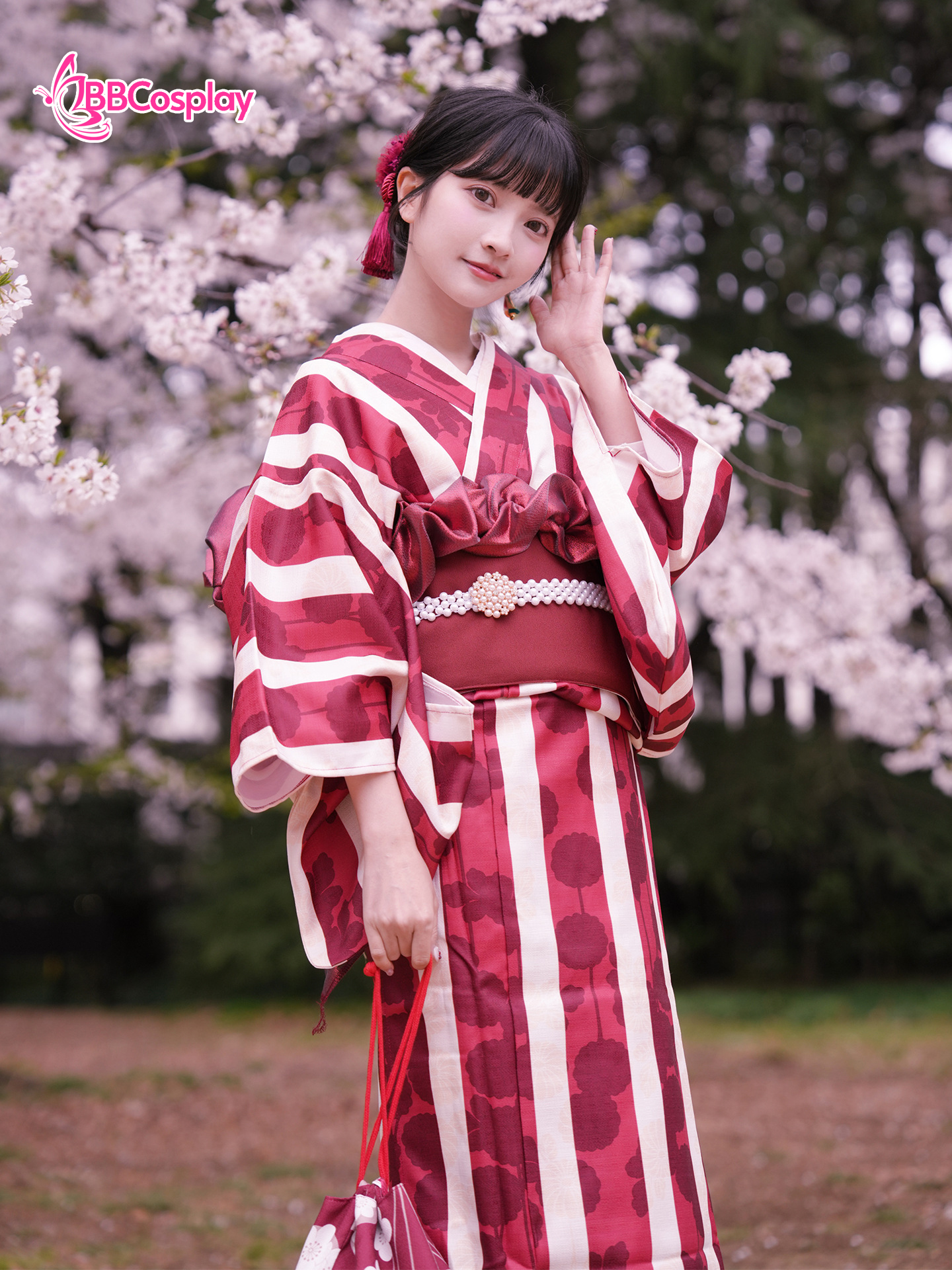 Yukata Kohaku Đỏ Sọc Trắng Vân Chìm Hoa Bách Hợp