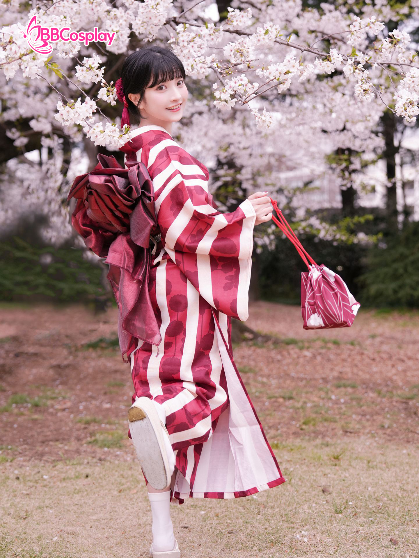 Yukata Kohaku Đỏ Sọc Trắng Vân Chìm Hoa Bách Hợp