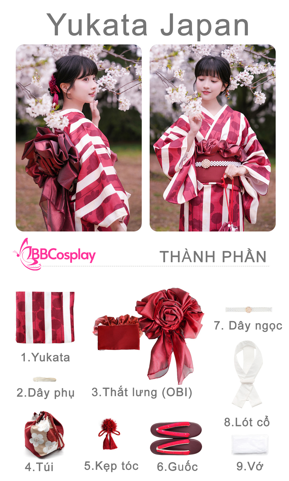 Yukata Kohaku Đỏ Sọc Trắng Vân Chìm Hoa Bách Hợp