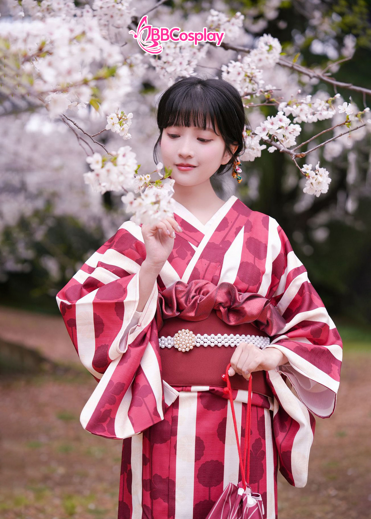 Yukata Kohaku Đỏ Sọc Trắng Vân Chìm Hoa Bách Hợp