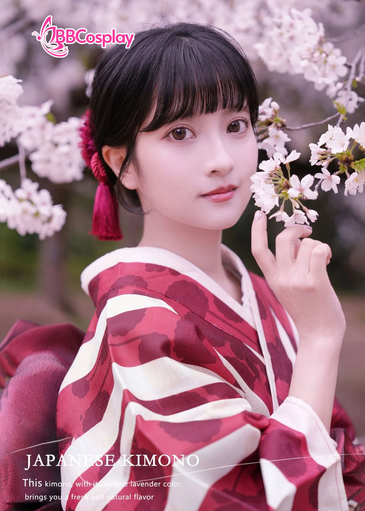 Yukata Kohaku Đỏ Sọc Trắng Vân Chìm Hoa Bách Hợp