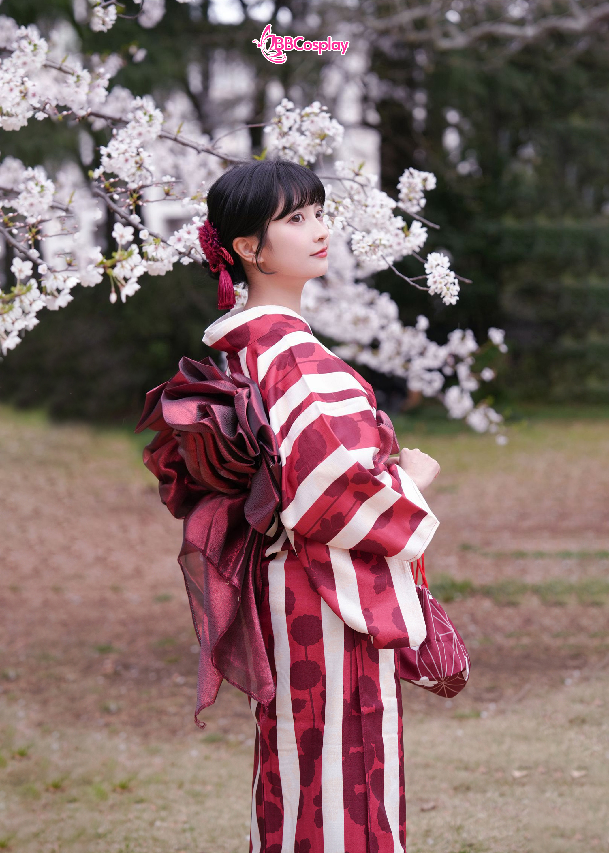 Yukata Kohaku Đỏ Sọc Trắng Vân Chìm Hoa Bách Hợp