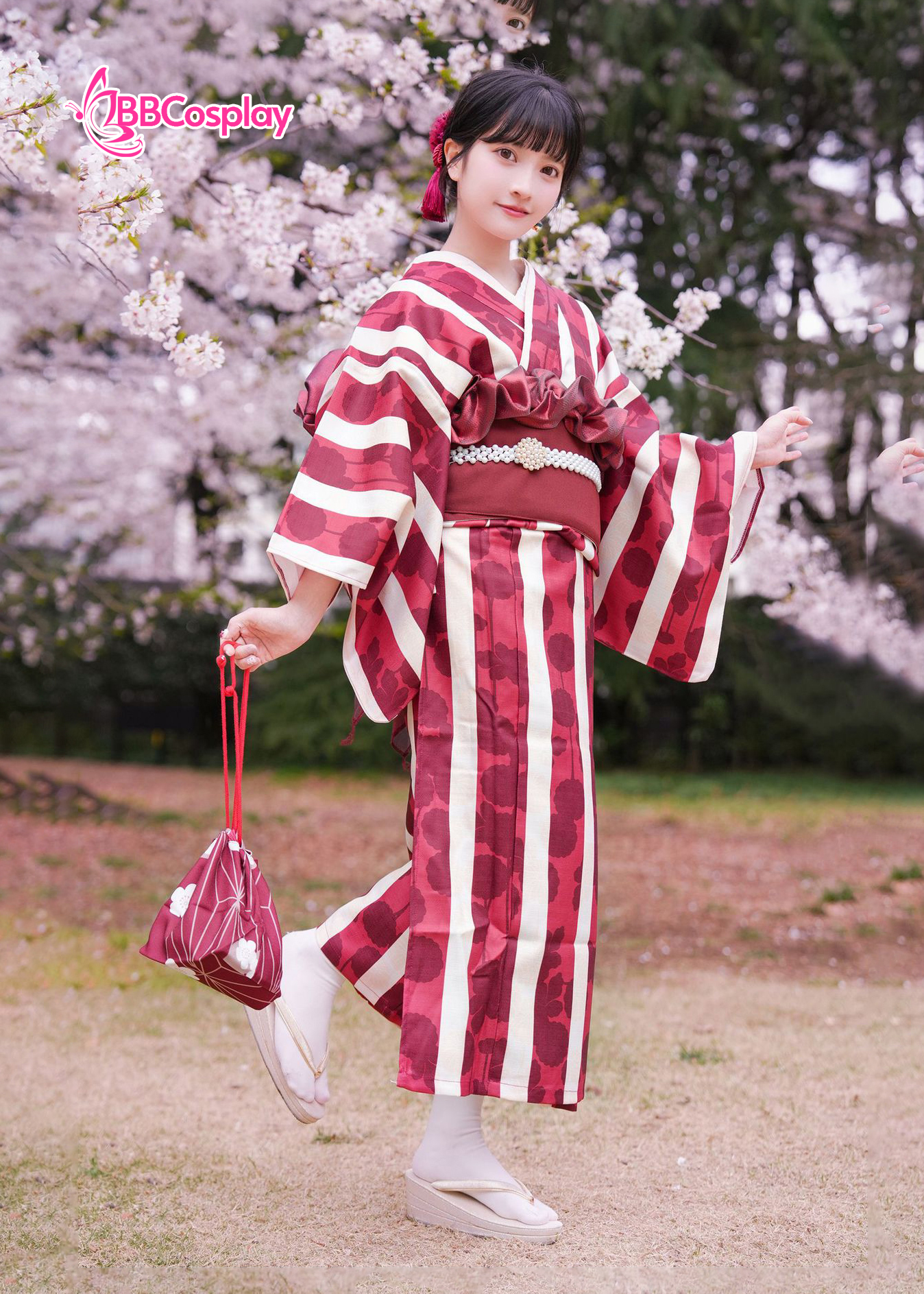 Yukata Kohaku Đỏ Sọc Trắng Vân Chìm Hoa Bách Hợp