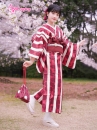 Yukata Kohaku Đỏ Sọc Trắng Vân Chìm Hoa Bách Hợp