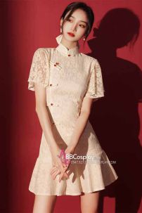 Váy Sườn Xám Cách Tân Ren Trắng Kem