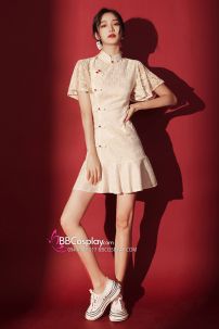 Váy Sườn Xám Cách Tân Ren Trắng Kem