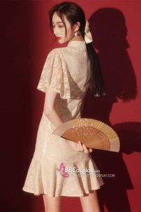 Váy Sườn Xám Cách Tân Ren Trắng Kem