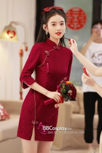 Sườn Xám Đỏ Ren Ngắn Trên Gối