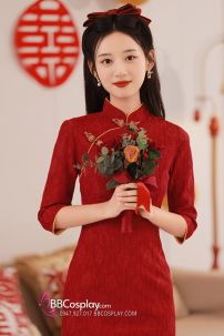 Sườn Xám Đỏ Dài Kim Ngọc Mãn Đường