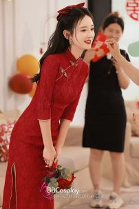 Sườn Xám Đỏ Dài Kim Ngọc Mãn Đường