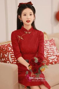 Sườn Xám Đỏ Dài Kim Ngọc Mãn Đường