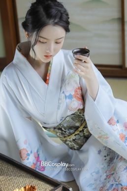 Áo Kimono Yukata Xanh Sữa Tặng Kèm Thắt Lưng