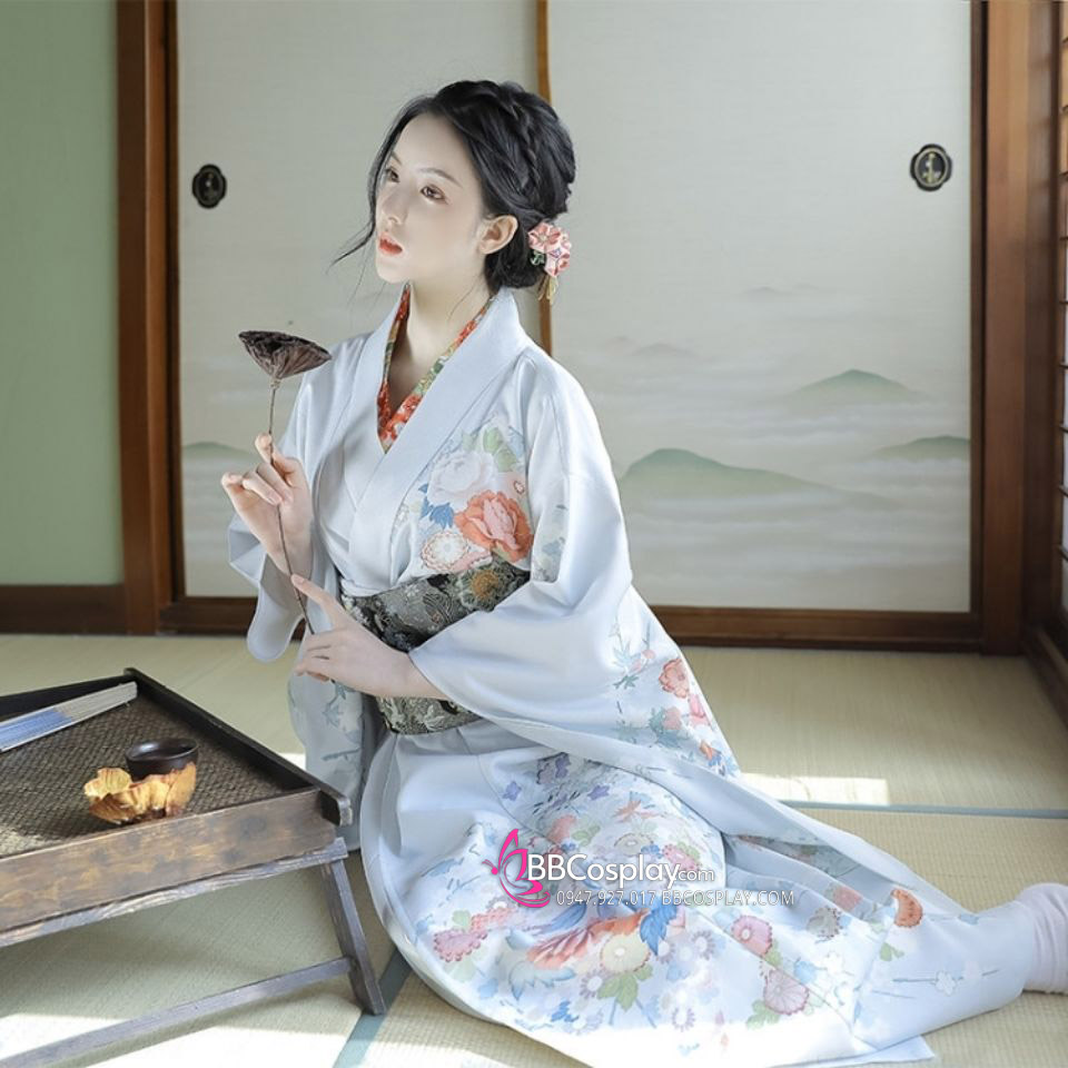 Áo Kimono Yukata Xanh Sữa Tặng Kèm Thắt Lưng