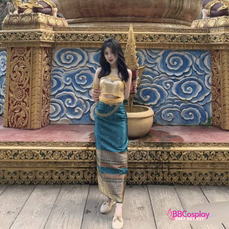 Đồ Thái Lan Sexy Áo Vàng - Váy Xanh Lam Viền Gấm Nâu