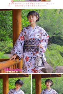 Yukata Trắng Hoạ Tiết Lá Mùa Thu