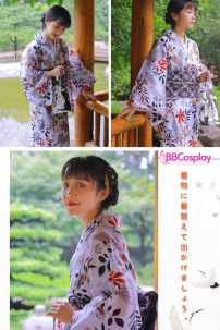 Yukata Trắng Hoạ Tiết Lá Mùa Thu