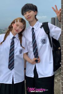 Đồng Phục Nam Sinh Áo Trắng Logo Xanh Dương