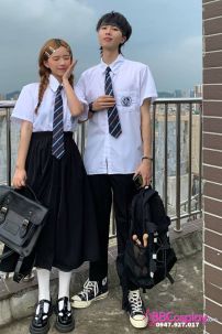 Đồng Phục Nam Sinh Áo Trắng Logo Xanh Dương