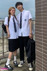 Đồng Phục Nam Sinh Áo Trắng Logo Xanh Dương