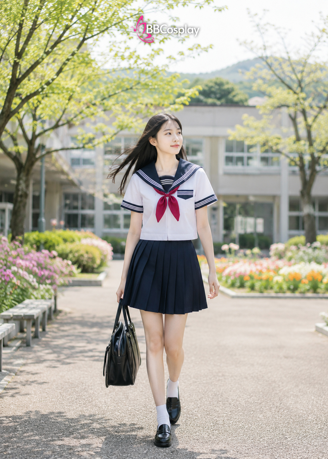 Đồ Seifuku Nữ Sinh Nhật Áo Trắng 3 Sọc - Váy Xanh Đen