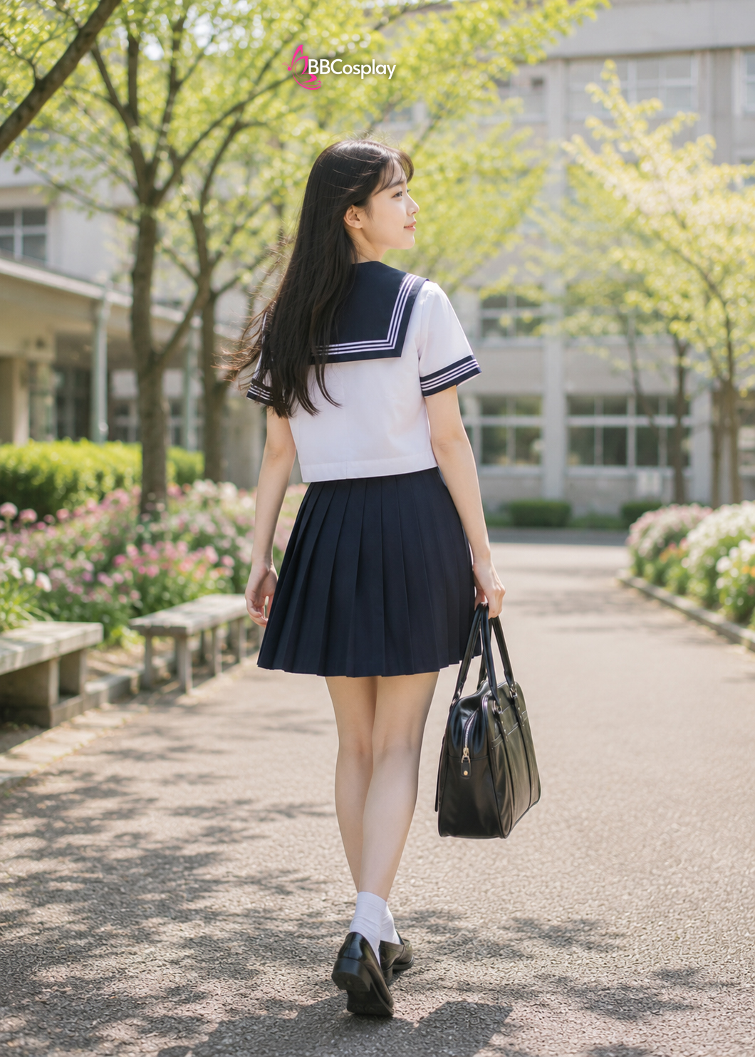 Đồ Seifuku Nữ Sinh Nhật Áo Trắng 3 Sọc - Váy Xanh Đen