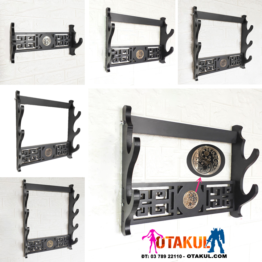 Giá Để Kiếm Treo Tường Màu Đen 2 Tầng Hình Thái Cực Có Hoa Văn Mạ Vàng Loại Cao Cấp