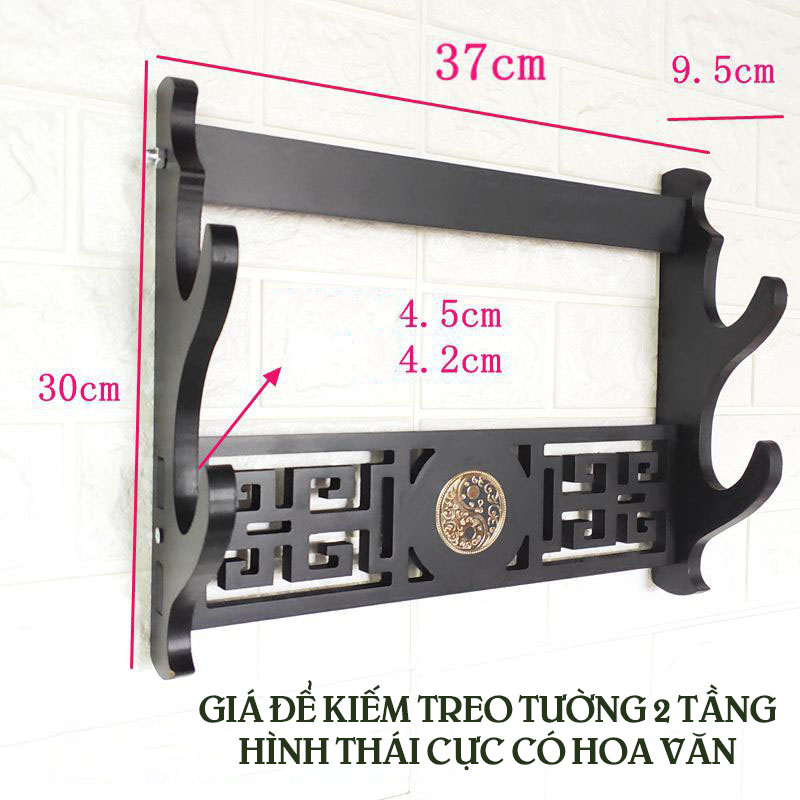 Giá Để Kiếm Treo Tường Màu Đen 2 Tầng Hình Thái Cực Có Hoa Văn Mạ Vàng Loại Cao Cấp