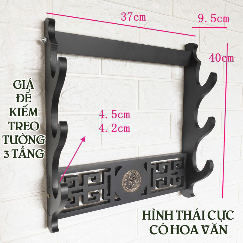 Giá Để Kiếm Treo Tường Màu Đen 2 Tầng Hình Thái Cực Có Hoa Văn Mạ Vàng Loại Cao Cấp