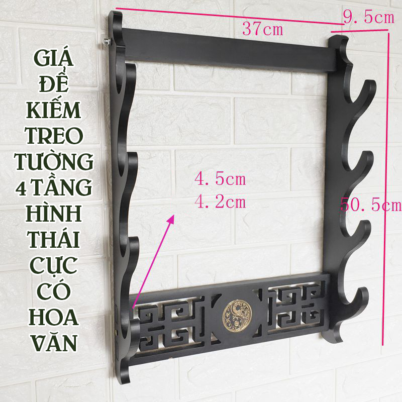 Giá Để Kiếm Treo Tường Màu Đen 2 Tầng Hình Thái Cực Có Hoa Văn Mạ Vàng Loại Cao Cấp