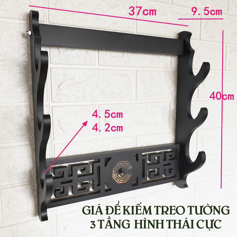 Giá Để Kiếm Treo Tường Màu Đen 4 Tầng Hình Thái Cực Mạ Vàng Loại Cao Cấp