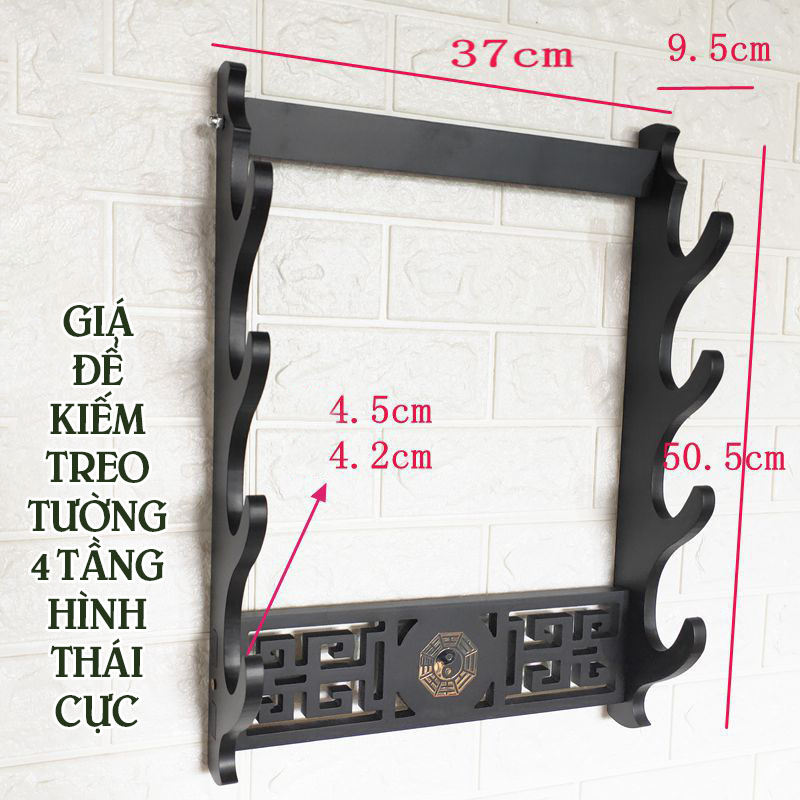 Giá Để Kiếm Treo Tường Màu Đen 4 Tầng Hình Thái Cực Mạ Vàng Loại Cao Cấp