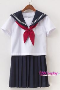 Trang Phục Seifuku Nữ Sinh Nhật Áo Trắng 2 Sọc - Váy Xanh Đen Cơ Bản